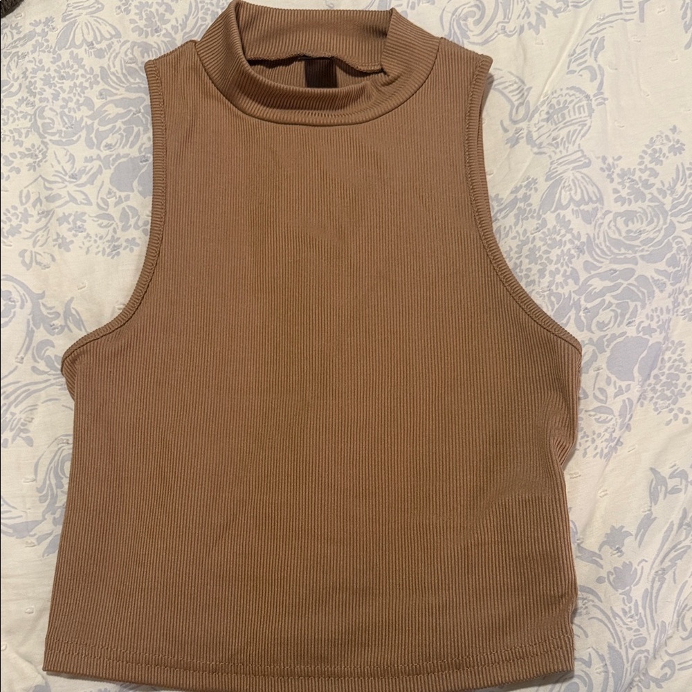 SHEIN Brown Sleeveless Mock Neck Ribbed Tank